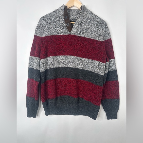 Chaps Sweater Mens Med Red & Gray Pullover Henley Mock Neck - Picture 1 of 15